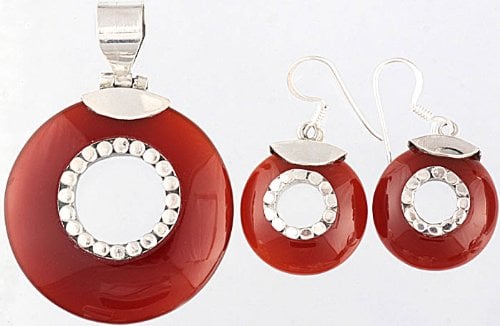 exotic india Carnelian Pendant with Matching Earrings Set - Sterling Silvere