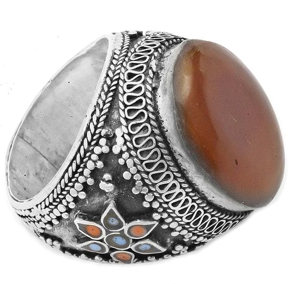 exotic india Carnelian Ring with Inlay Flowers | Carnelian Stone Jewelry 