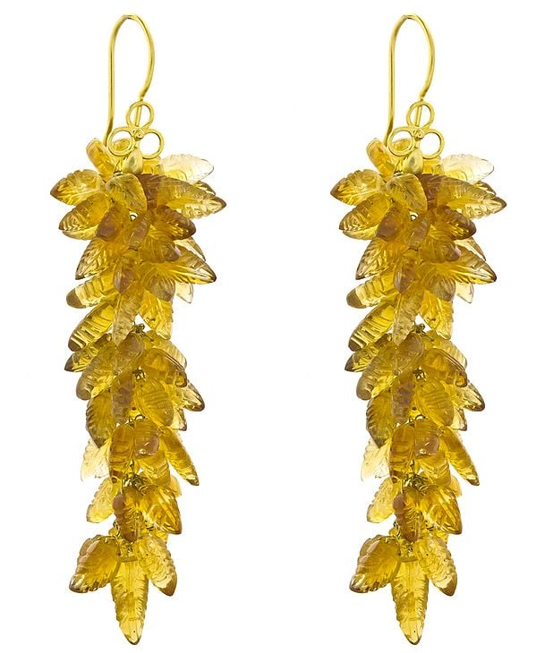 exotic india Carved Citrine Leaves Bunch Earrings | Sparkling Gold Earrings 