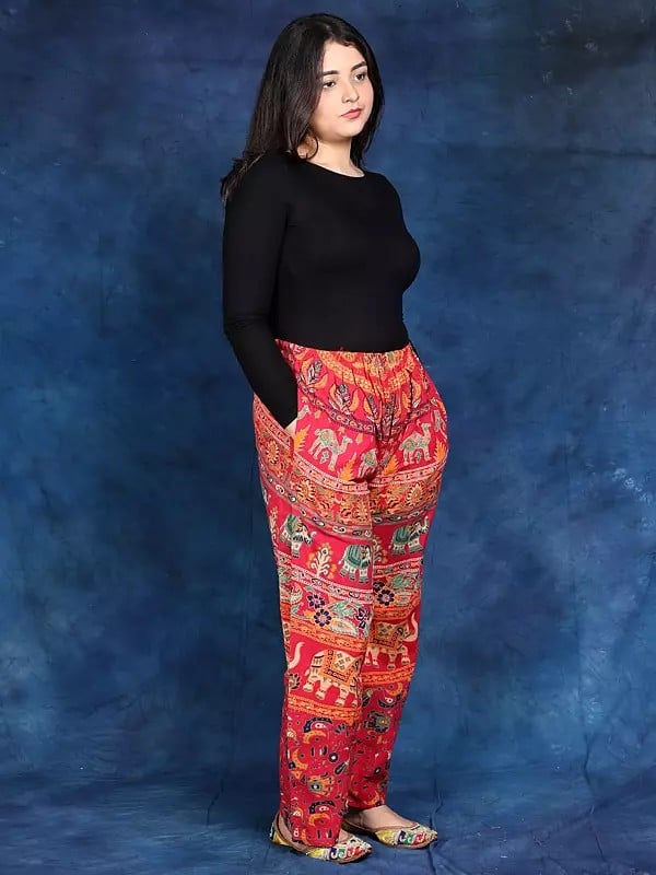 Exotic India Casual Trousers From Pilkhuwa With Printed Elephants 