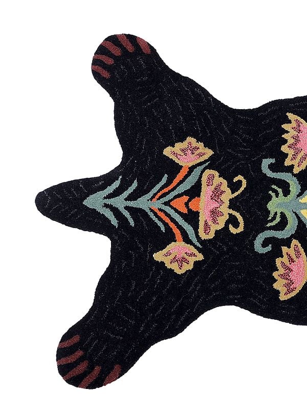 Exotic India Caviar-Black Floral Bear Wool Yogic Asana Mat From Mirzapur 