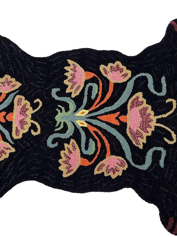Exotic India Caviar-Black Floral Bear Wool Yogic Asana Mat From Mirzapur 