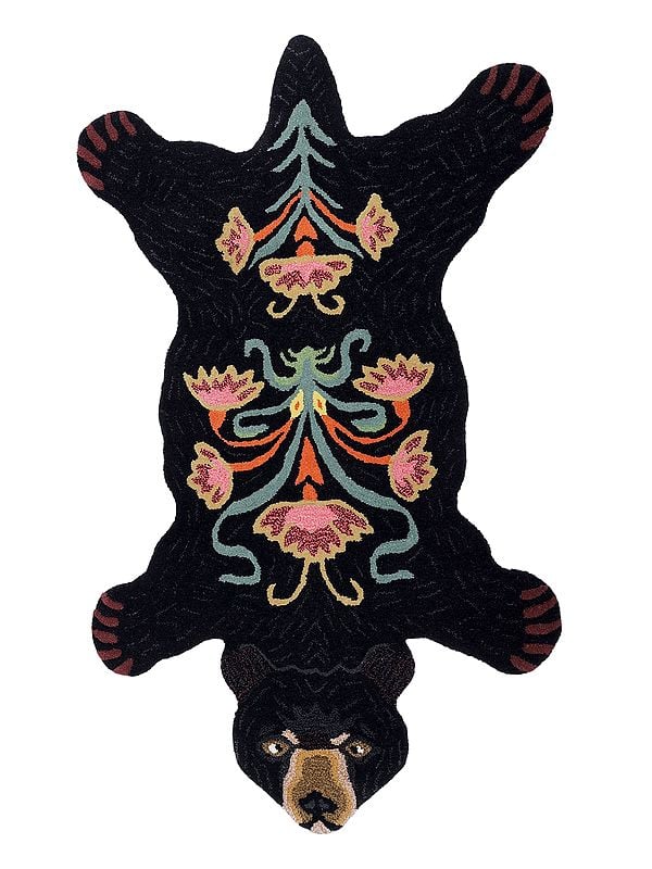 exotic india Caviar-Black Floral Bear Wool Yogic Asana Mat from Mirzapur 