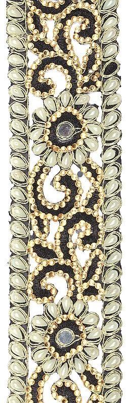 exotic india Caviar-Black Floral Fabric Border with Embellished Crystals and Pearls 