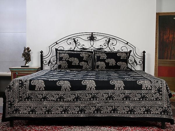 Exotic India Caviar-Black Queen Size Pure Cotton Jaipuri Bedsheet With Handblock-Pilkhuwa Printed Elephant And Two Pillow Cover
