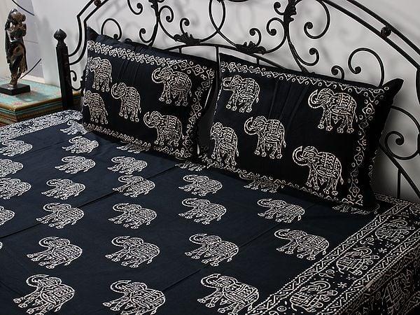 Exotic India Caviar-Black Queen Size Pure Cotton Jaipuri Bedsheet With Handblock-Pilkhuwa Printed Elephant And Two Pillow Cover