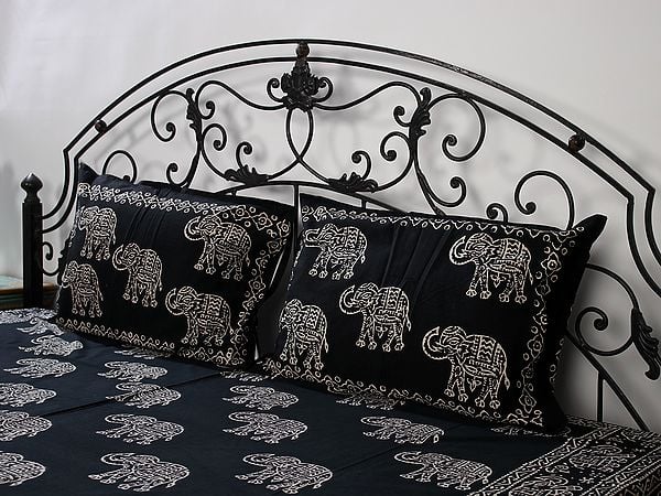 Exotic India Caviar-Black Queen Size Pure Cotton Jaipuri Bedsheet With Handblock-Pilkhuwa Printed Elephant And Two Pillow Cover