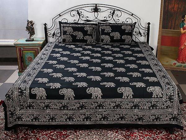 exotic india Caviar-Black Queen Size Pure Cotton Jaipuri Bedsheet with Handblock-Pilkhuwa Printed Elephant and Two Pillow Cover 