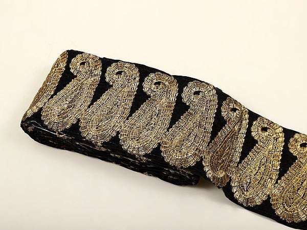 Exotic India Caviar-Black Zari-Embroidered Paisleys Velvet Border 