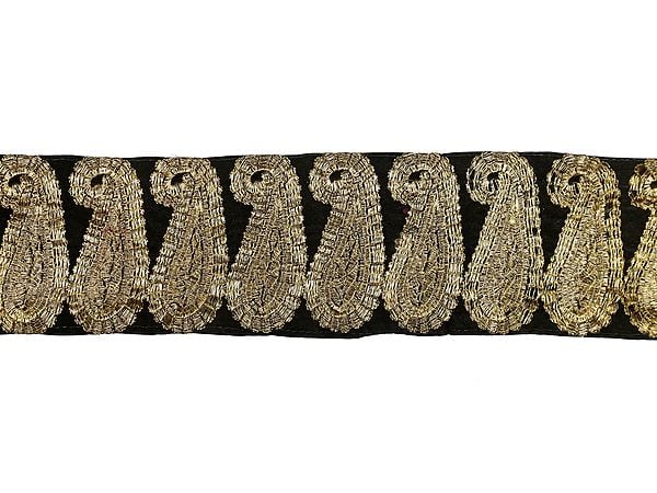 Exotic India Caviar-Black Zari-Embroidered Paisleys Velvet Border 
