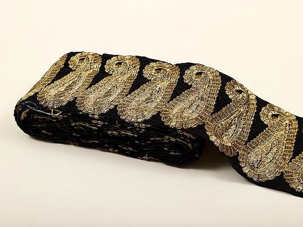 exotic india Caviar-Black Zari-Embroidered Paisleys Velvet Border 
