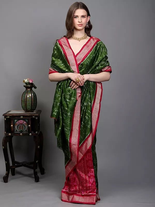 Exotic India Cedar-Green Pure Silk Ikat Handloom Saree From Sambalpur With Woven Warli Art Motifs 