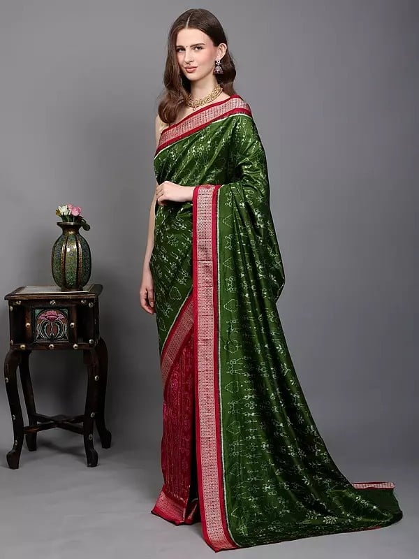 Exotic India Cedar-Green Pure Silk Ikat Handloom Saree From Sambalpur With Woven Warli Art Motifs 