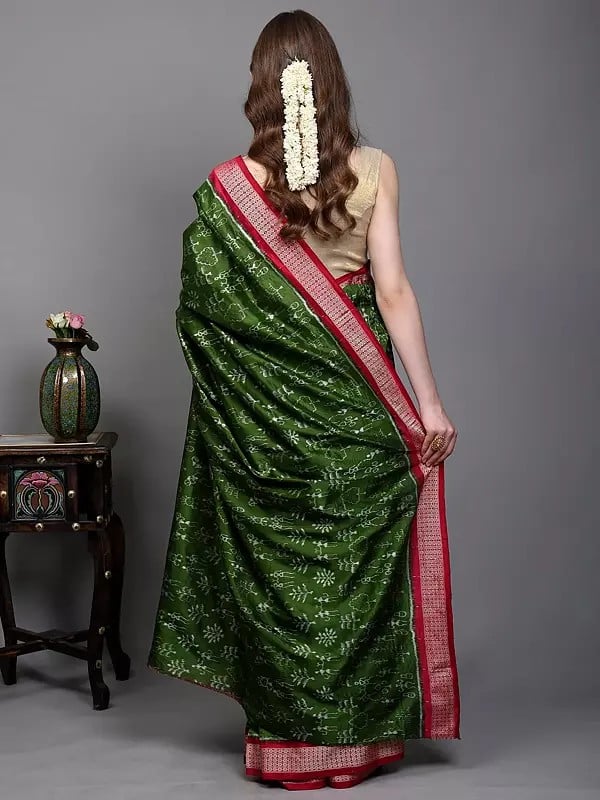 Exotic India Cedar-Green Pure Silk Ikat Handloom Saree From Sambalpur With Woven Warli Art Motifs 