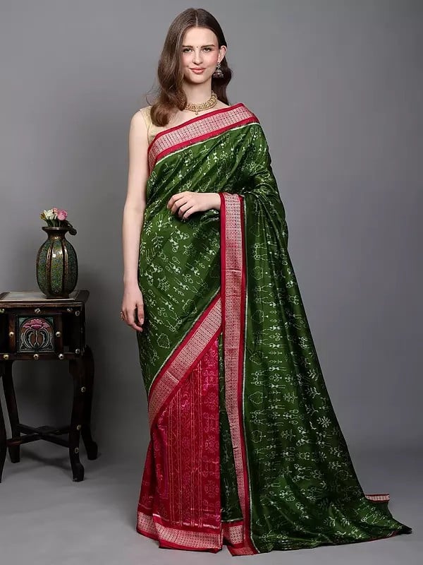 exotic india Cedar-Green Pure Silk Ikat Handloom Saree from Sambalpur with Woven Warli Art Motifs 