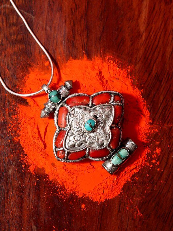 exotic india Centered Turquoise with Coral Border Gau Box Pendant 