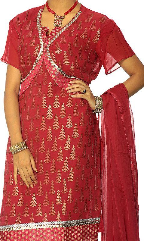 Exotic India Cerise Designer Suit With All-Over Embroidered Sequins 