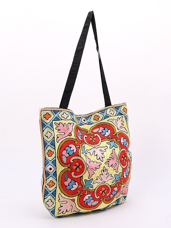 Exotic India Chain Stitched Aari Embroidered Shopper Tote Bag From Kashmiri 