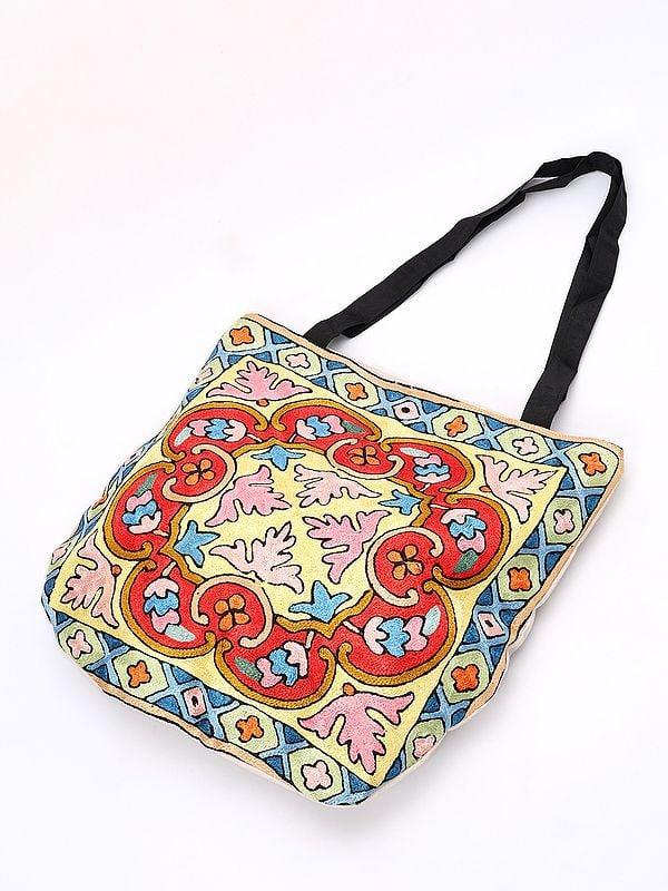 Exotic India Chain Stitched Aari Embroidered Shopper Tote Bag From Kashmiri 
