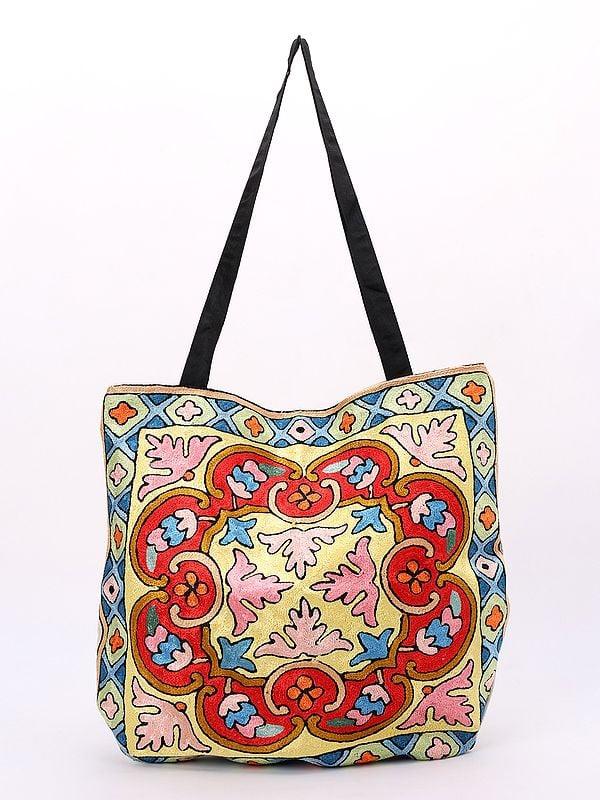 exotic india Chain Stitched Aari Embroidered Shopper Tote Bag from Kashmiri 