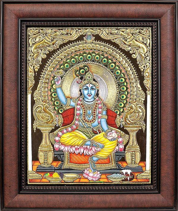 exotic india Chakradhari Shri Krishna Framed Tanjore Painting 
