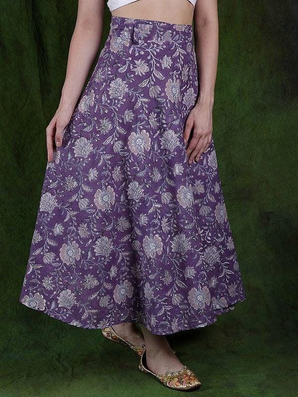 Exotic India Chalk-Violet Pure Cotton Wrap-On Long Skirt With Printed Flowers 