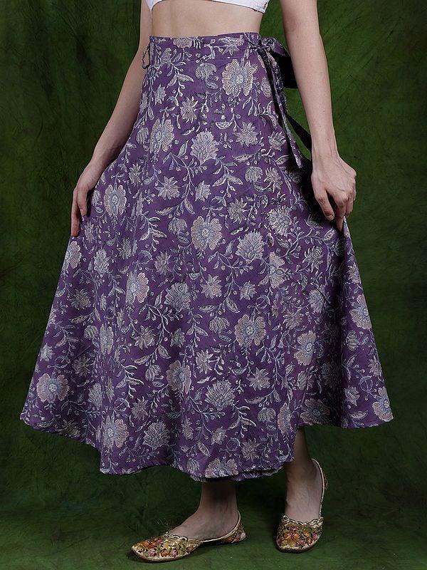 Exotic India Chalk-Violet Pure Cotton Wrap-On Long Skirt With Printed Flowers 