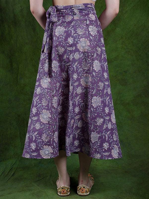 Exotic India Chalk-Violet Pure Cotton Wrap-On Long Skirt With Printed Flowers 
