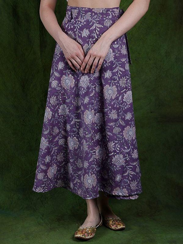 exotic india Chalk-Violet Pure Cotton Wrap-On Long Skirt with Printed Flowers 