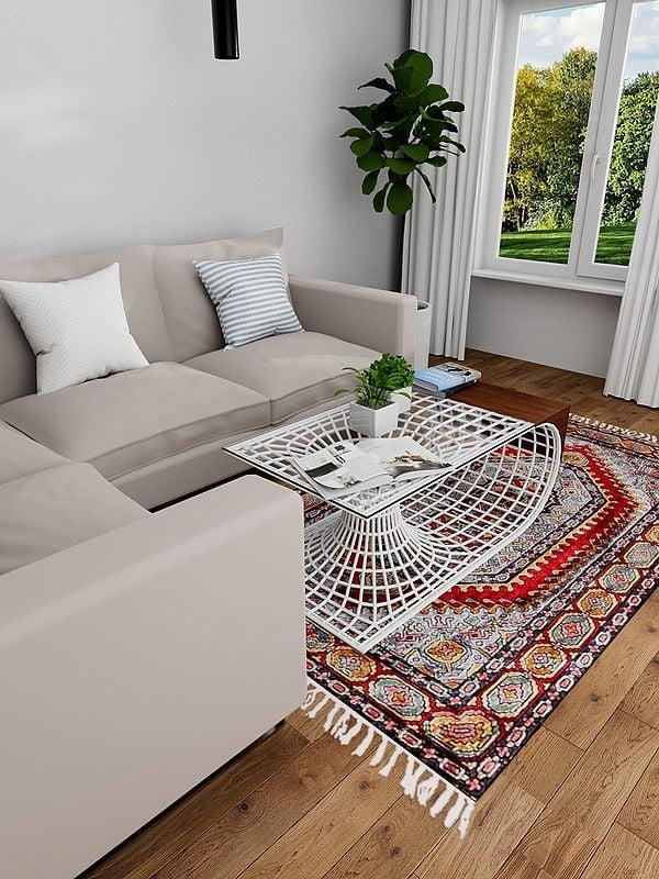 Exotic India Chambray-Blue Kashmiri Carpet With Tassels And Chain Stitched Persian Motifs 