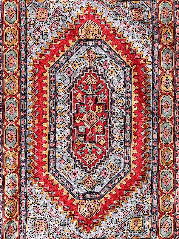 Exotic India Chambray-Blue Kashmiri Carpet With Tassels And Chain Stitched Persian Motifs 