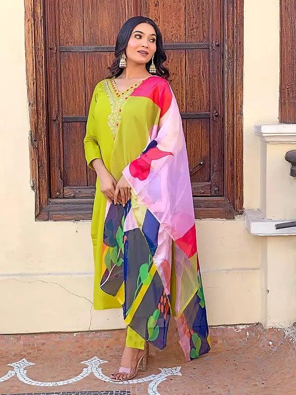 Exotic India Chanderi Elegant Embroidery Work V-Neck Kurta Set With Multicolor Floral Dupatta 