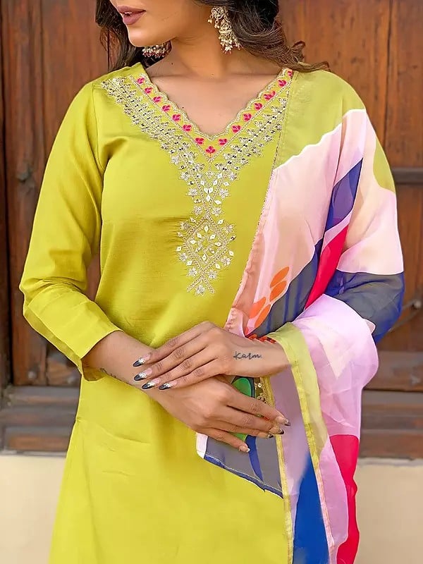 Exotic India Chanderi Elegant Embroidery Work V-Neck Kurta Set With Multicolor Floral Dupatta 