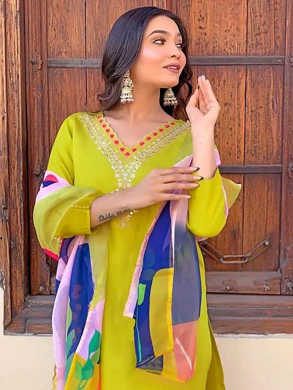 Exotic India Chanderi Elegant Embroidery Work V-Neck Kurta Set With Multicolor Floral Dupatta 
