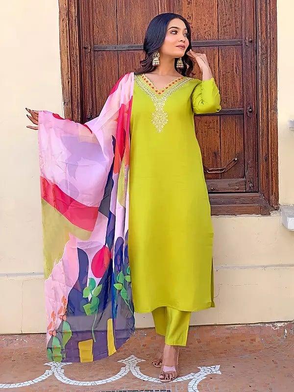 exotic india Chanderi Elegant Embroidery Work V-Neck Kurta Set With Multicolor Floral Dupatta