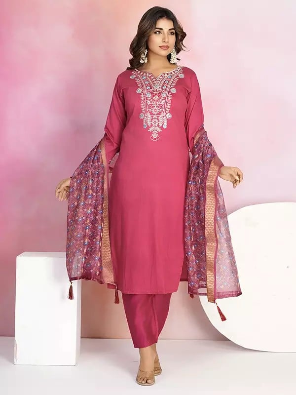 Exotic India Chanderi Embroidery Work Elegant Party Wear Straight Kurta Set With Tassels Dupatta 