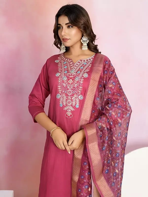 Exotic India Chanderi Embroidery Work Elegant Party Wear Straight Kurta Set With Tassels Dupatta 