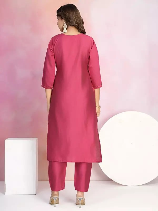 Exotic India Chanderi Embroidery Work Elegant Party Wear Straight Kurta Set With Tassels Dupatta 