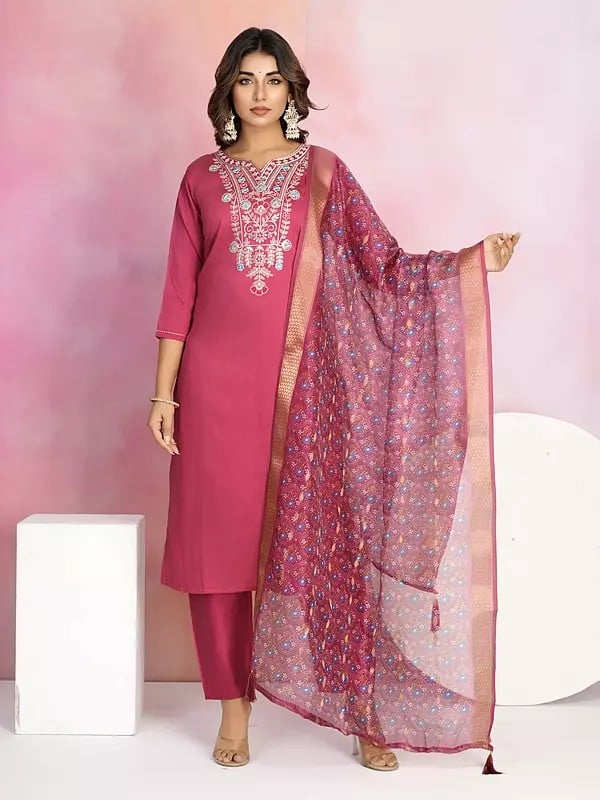 exotic india Chanderi Embroidery Work Elegant Party Wear Straight Kurta Set With Tassels Dupatta 
