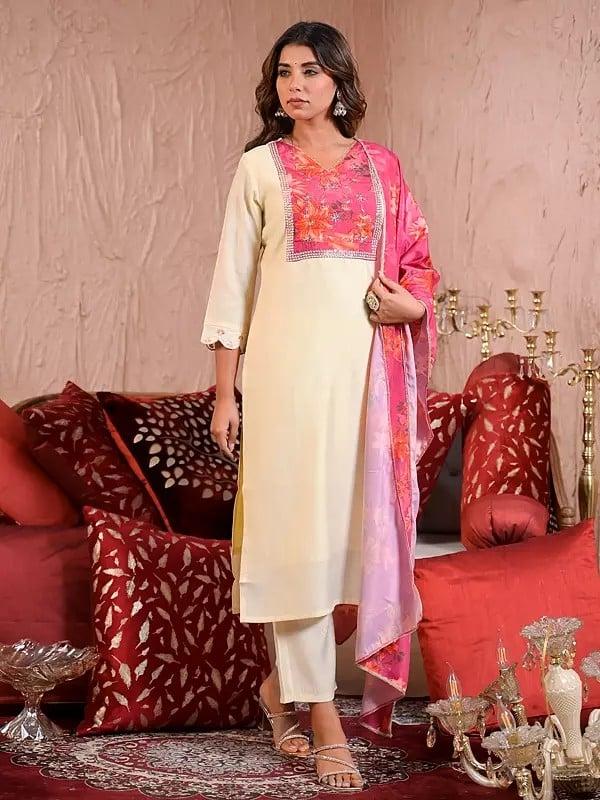 Exotic India Chanderi Festive Wear Embroidery Work Elegant Kurta Set With Floral Print Dupatta