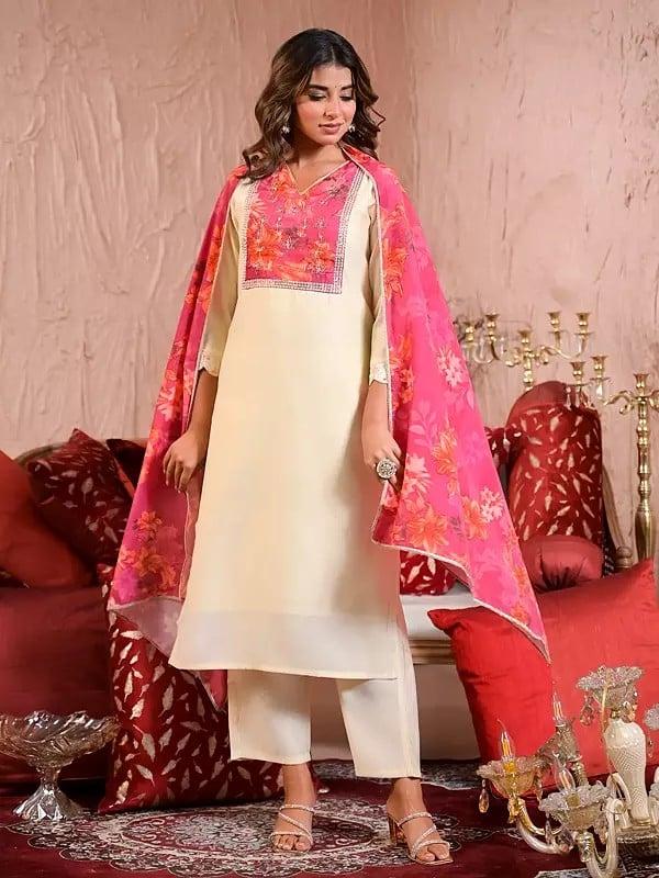 Exotic India Chanderi Festive Wear Embroidery Work Elegant Kurta Set With Floral Print Dupatta