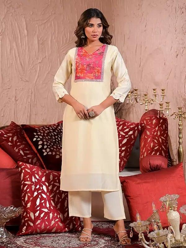 Exotic India Chanderi Festive Wear Embroidery Work Elegant Kurta Set With Floral Print Dupatta