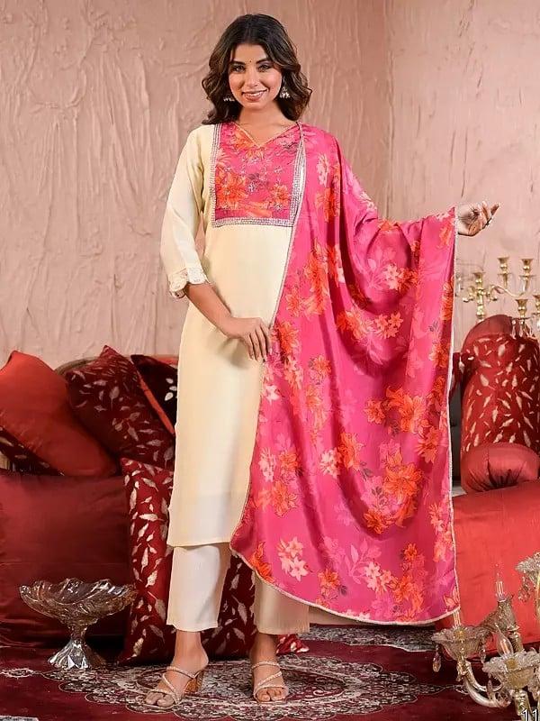 exotic india Chanderi Festive Wear Embroidery Work Elegant Kurta Set With Floral Print Dupatta 
