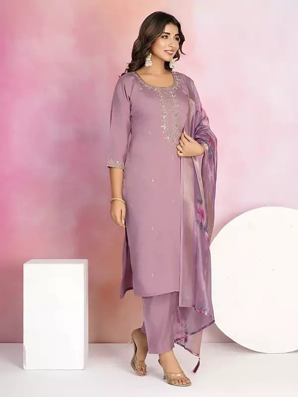 Exotic India Chanderi Sequins And Embroidery Work Designer Kurta Set With Jacquard Printed Dupatta 