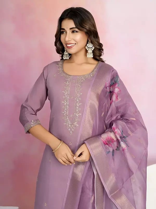 Exotic India Chanderi Sequins And Embroidery Work Designer Kurta Set With Jacquard Printed Dupatta 