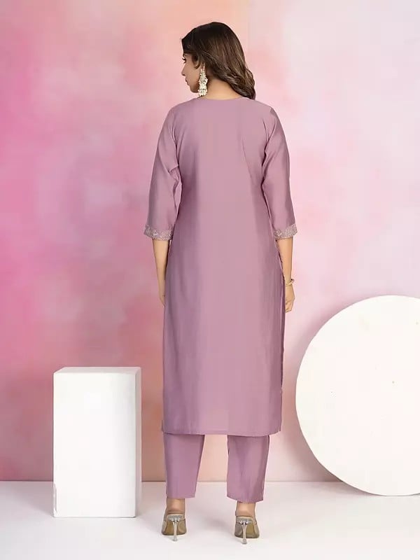 Exotic India Chanderi Sequins And Embroidery Work Designer Kurta Set With Jacquard Printed Dupatta 