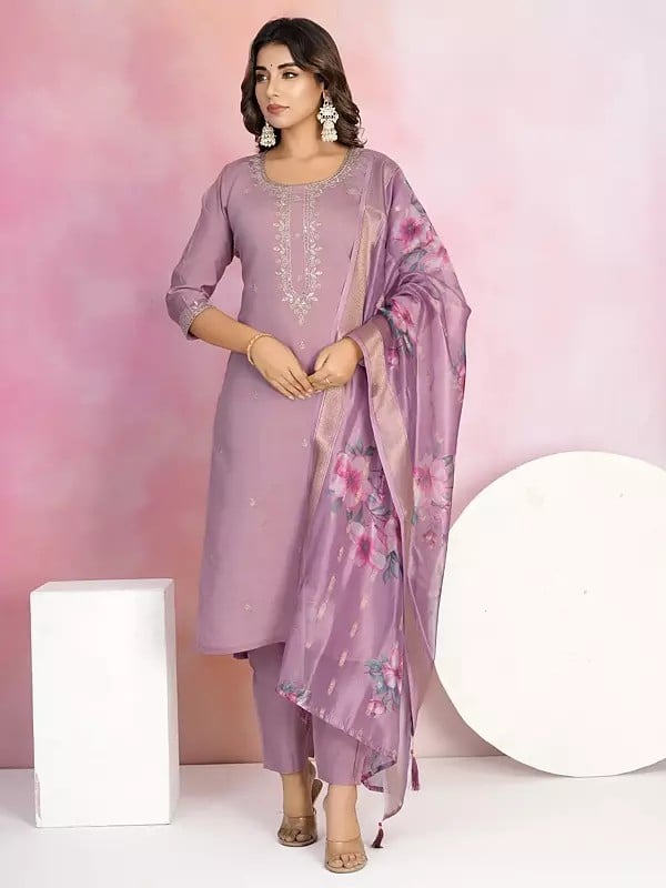 exotic india Chanderi Sequins And Embroidery Work Designer Kurta Set With Jacquard Printed Dupatta 