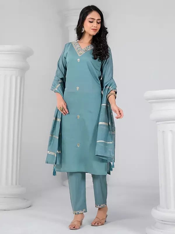 Exotic India Chanderi Sequins Work Floral Motifs Attractive Party Wear Kurta Set With Striped Pattern Dupatta 