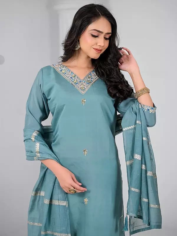 Exotic India Chanderi Sequins Work Floral Motifs Attractive Party Wear Kurta Set With Striped Pattern Dupatta 