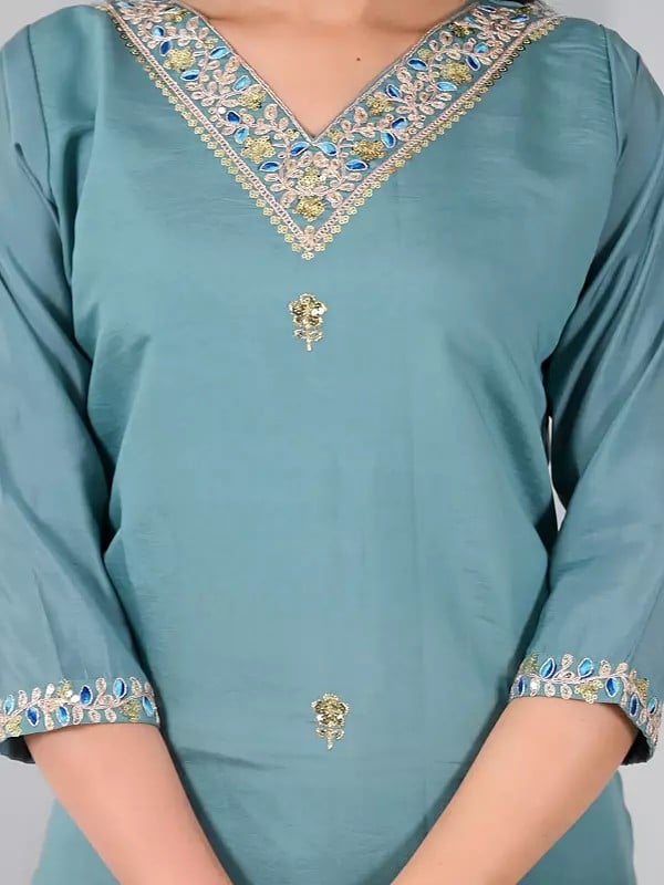 Exotic India Chanderi Sequins Work Floral Motifs Attractive Party Wear Kurta Set With Striped Pattern Dupatta 